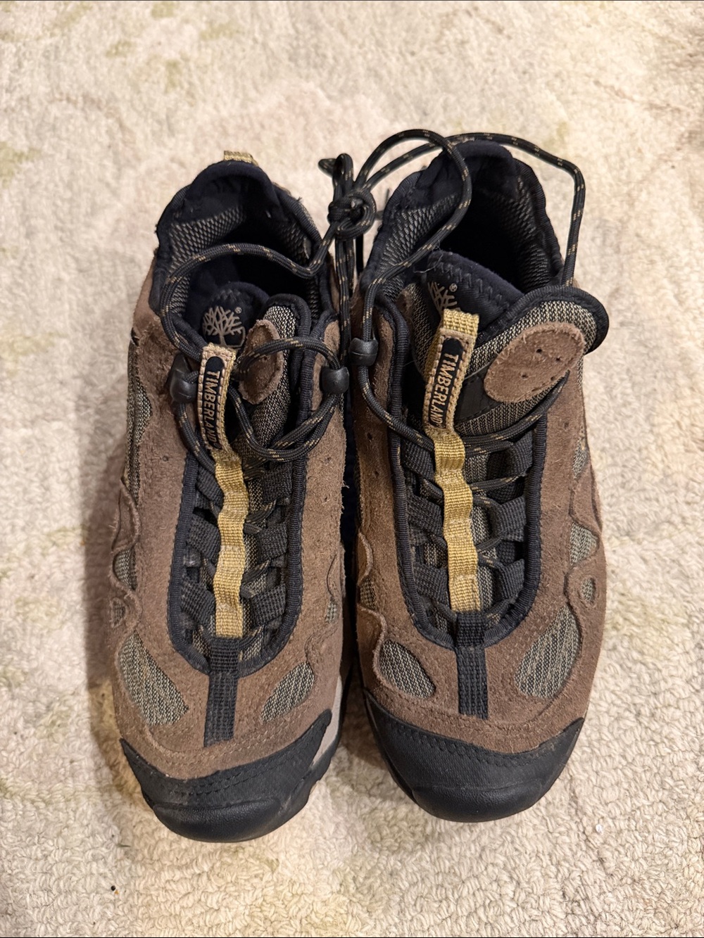 Timberland Brown and Black Suede Trail Sneakers with Yellow Tongue Detail